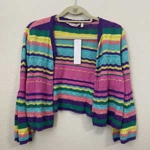 Soft Surroundings Cropped Cardigan Womens Sweater Size L Striped Pointelle